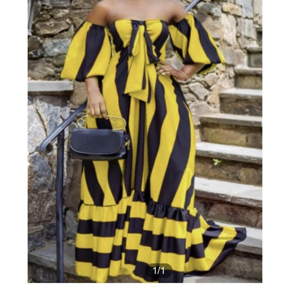 Yellow Black off the shoulder Maxi Dress